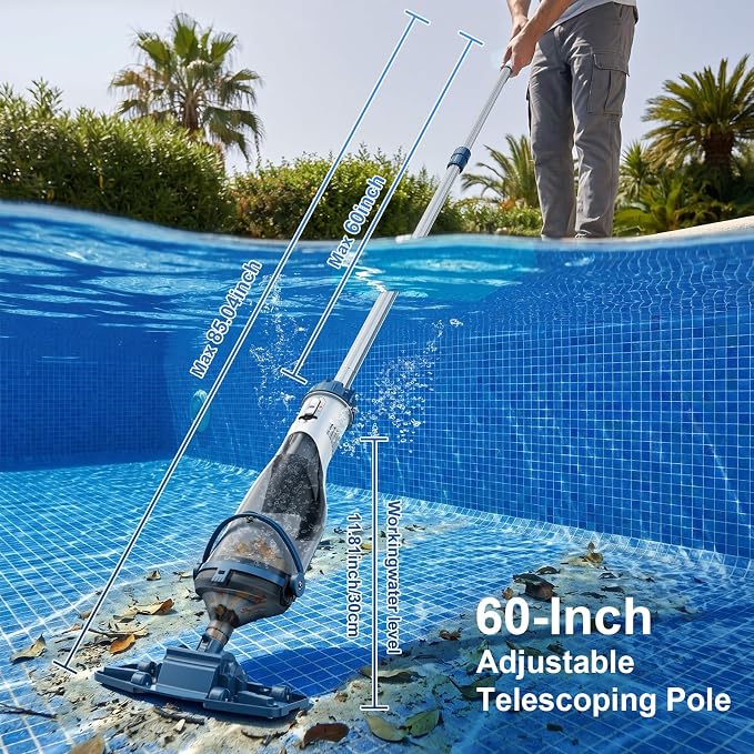 COWSAR Pool Vacuum for Above Ground Pool, VortexForce™ Technology 18.5GPM Strong Suction, 60 Min Runtime Cordless Pool Vacuum with 13.4" Wide Head & 59” Telescopic Pole for Pools/Spas/Hot Tubs, Blue