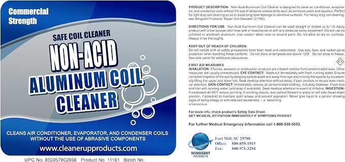 Non-Acid Aluminum Coil Cleaner 1 Gallon | Biodegradable HVAC and Air Conditioner Cleaner, Eco-Friendly and Non-Corrosive Cleaning Solution for Condensers and Evaporators