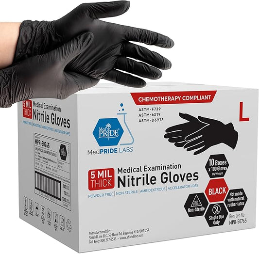 MED PRIDE Nitrile Gloves - Box of 100 Gloves | 5 Mil Thick, Powder-Free, Latex-Free, Lab, Chemotherapy Compliant