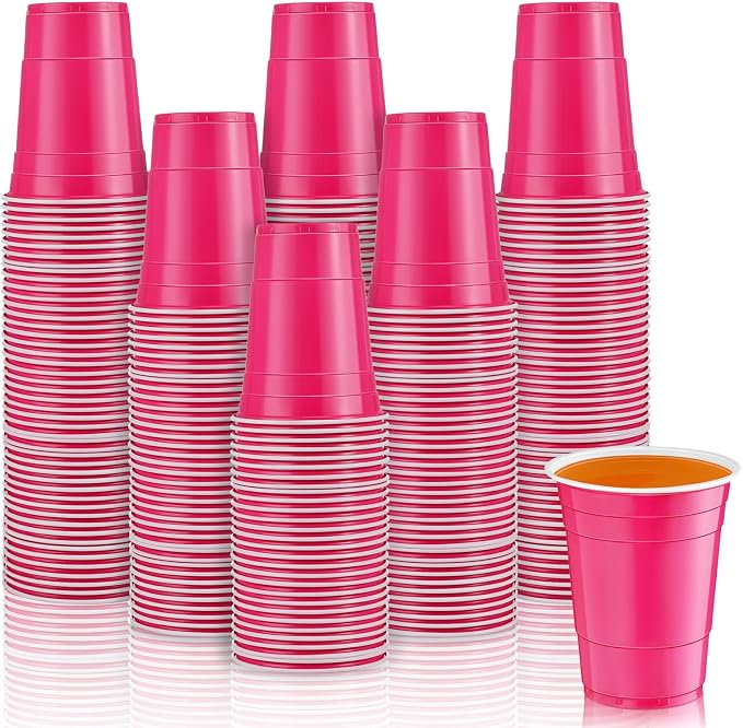 Lounsweer 100 Pcs 16 oz Disposable Party Cups Plastic Heavy Duty Drinking Water Cups for Birthday Baby Shower Wedding BBQ Picnic Party Supplies(Pink)