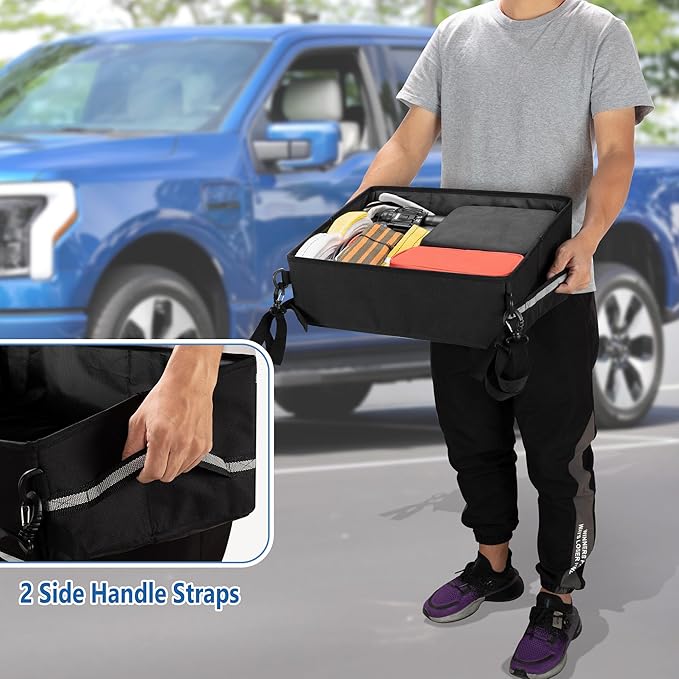 GRAOSO Under Seat Storage Fit for SuperCrew Cab, Foldable Truck Organizers and Storage Box Under Rear Seat For Single Seat with Removable Bottom Plate, 2 Side Handles and Hook Snap Fix Strap, Black