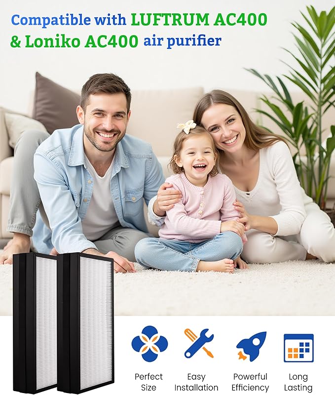 AC400 Replacement Filter Compatible with LUFTRUM AC400 Air Purifier, also fit Loniko AC400, 3-Stage Filtration System of H13 True HEPA and Activated Carbon, 2-Pack