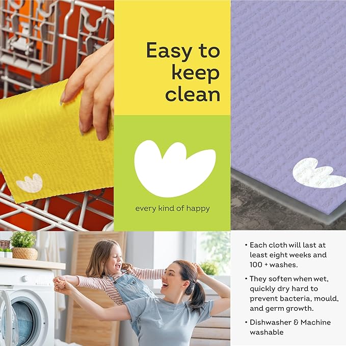 Swedish Dish Cloths Compostable Sponge Cloth 12 Pack | Solid Assorted Happy Colours | Reusable Cleaning Hand Towel Bulk Buy | for Kitchen, Counters & Washing Dishes | Eco-Friendly Cellulose Cotton