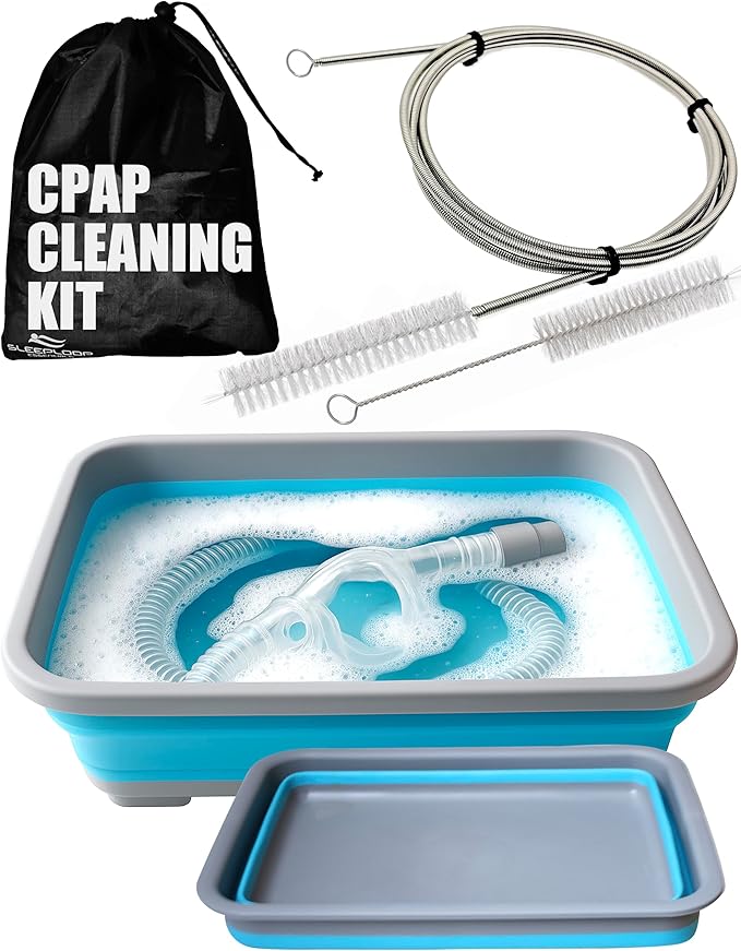 CPAP Cleaning Kit for Hose and Mask, CPAP Hose Cleaning Brush, Collapsible Wash Basin, Storage Bag, Compatible with Standard and Slimline CPAP Tubing (Basin + Brush Kit)