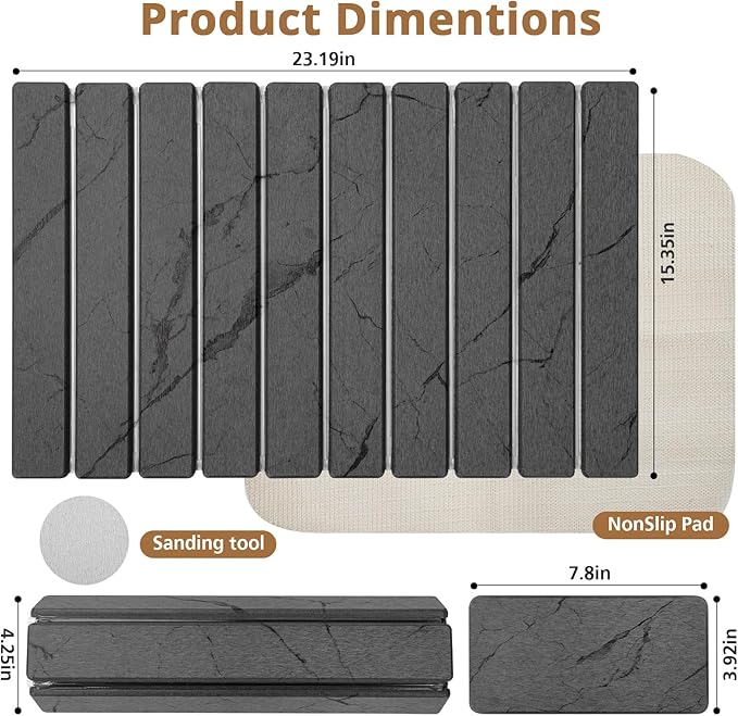 2 PCS Large Stone Dish Drying Mat for Kitchen Counter, Marbled Quick Dry Stone Dish Mats, Diatomaceous Earth Drying Pad, Foldable and Super Absorbent Dish Drying Stone Mat (Dark Gray 24"×16" & 8"×4")