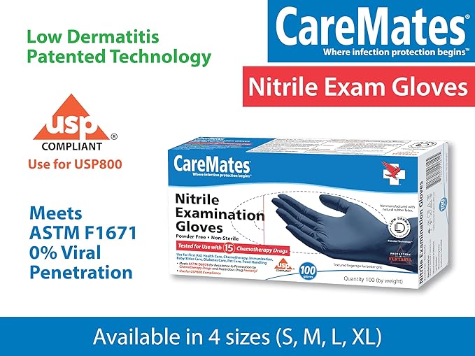 CareMates Nitrile Medical Exam Gloves, Latex Free Rubber, Powder Free, Extra Strong, 4 Mil Thick, Certified for Home Infusion, First Aid, Food Safe, Cleaning Gloves, Large, 100-Count