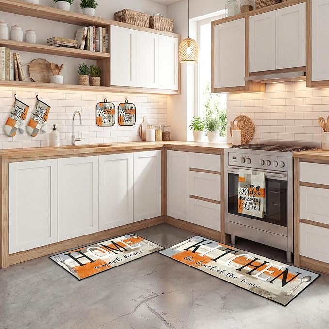 10 Pcs Orange Beige Kitchen Decor and Accessories Set, 4 Dish Towels Kitchen Rugs 2 Oven Mitts 2 Pot Holders, Home Decor for Cooking Baking BBQ Gifts Women Mom Housewarming
