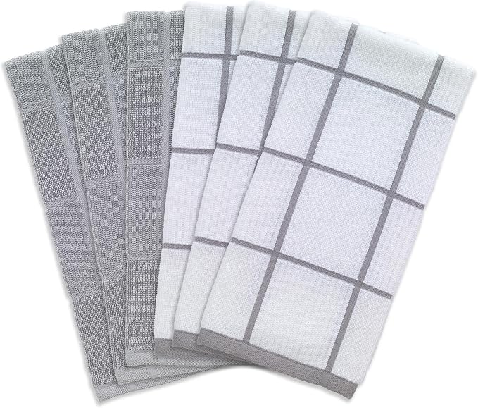 T-Fal Solid & Checked Parquet Kitchen Towels: Highly Absorbent, Super Soft Long Lasting - 100% Cotton, 16"x26" Dish Towels for Cleaning & Drying Dishes, Pans, Glassware, Countertops, 6-Pack, Gray