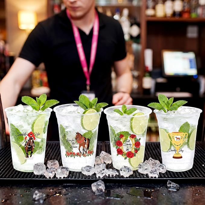 Willinglong 100 Pcs Plastic Derby Cups Bulk 16 oz Horse Racing Party Clear Thick Reusable Tumbler Cups Derby Party Supplies for Decoration Cocktails Beer Events, 4 Style