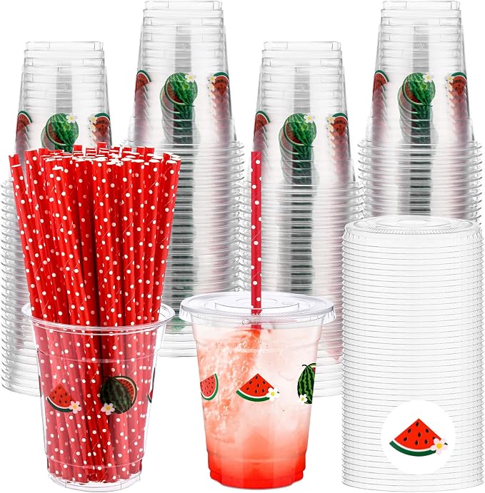 Blushtier 100 Set 12 oz Watermelon Disposable Plastic Cups with Lids and Straws Transparent Orange Watermelon Party Cups for Juice Water Coffee Tea Birthday Summer Fruit Party Supplies