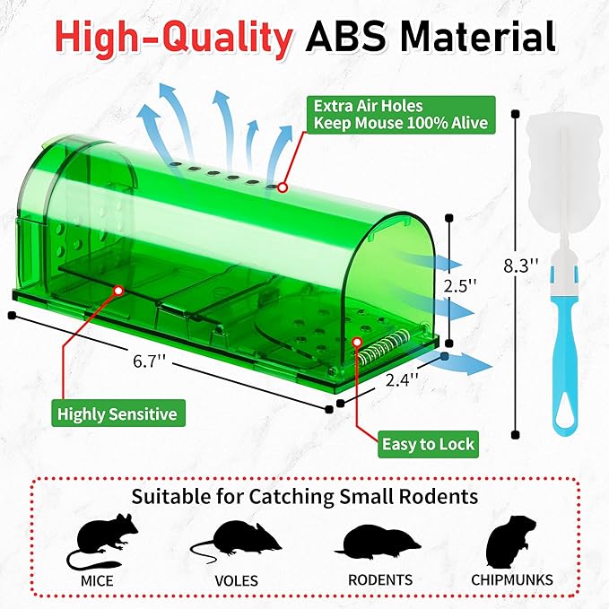 LULUCATCH Humane Mouse Traps 2 Pack | Live No Touch Catch and Release No Kill Rodent Traps | Reusable with Cleaning Brush | Pet Safe Indoor Outdoor Rodent Control for Mice, Rats, Chipmunks, Voles