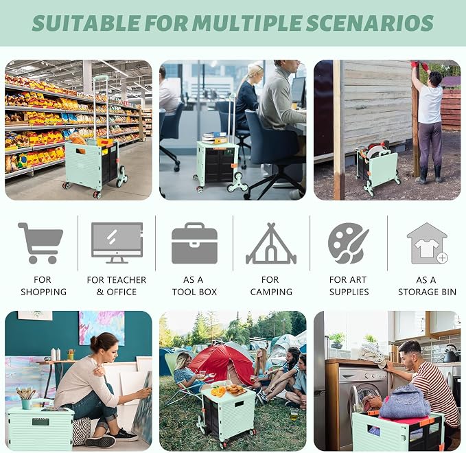 FELICON SELORSS Folding Utility Cart Portable Rolling Crate Handcart with Stair Climbing Wheels&360°Swivel Wheels Telescoping Handle Plastic Box Dolly for Travel Shop Move Office Teacher Use(Green)