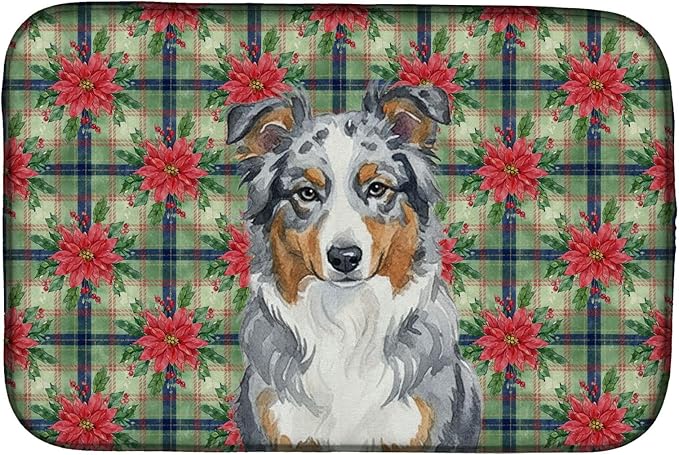 Caroline's Treasures Blue Merle American Shepherd Christmas PoinsettIas Dish Drying Mat Absorbent Dish Drying Mat Pad for Kitchen Counter Dish Drainer Mat for Countertop, 14 x 21", Multicolor
