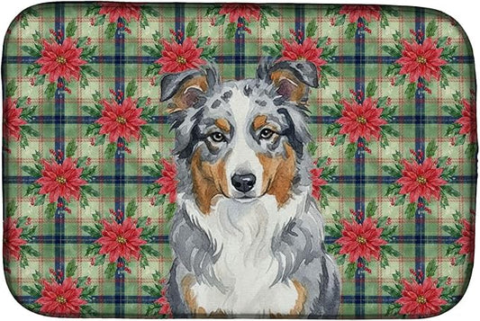 Caroline's Treasures Blue Merle American Shepherd Christmas PoinsettIas Dish Drying Mat Absorbent Dish Drying Mat Pad for Kitchen Counter Dish Drainer Mat for Countertop, 14 x 21", Multicolor