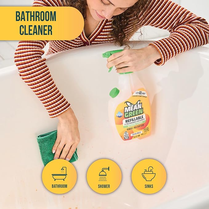 Mean Green Refillable Ultra Powered Bathroom Cleaner Concentrate, Tropical Breeze, 14.3 fl oz – Plant & Mineral Based, Removes 100% of Soap Scum, Refillable Bottle Makes 4X Refills