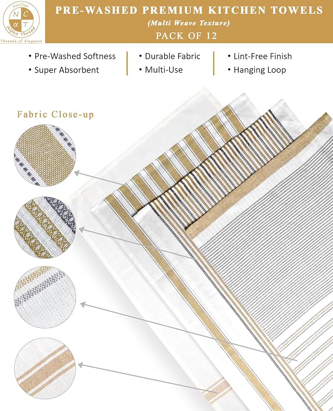 Pack of 12 Cotton Kitchen Towels Set, Dish Towels, Cleaning Rags, Kitchen Dish Cloths for Washing Dishes, Cotton Cleaning Cloths, Ultra Soft, Lightweight & Quick Dry, Flat Weave, 28"x18", Beige & Gray