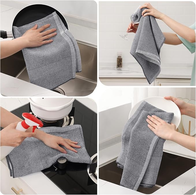 Mordimy Premium Kitchen Towels 6 Pack (18 x 28 Inches, Grey), Large Cotton Kitchen Hand Towel, Flat & Terry Dish Towels for Drying Dishes, Super Absorbent Tea Dishtowels Set with Hanging Loop