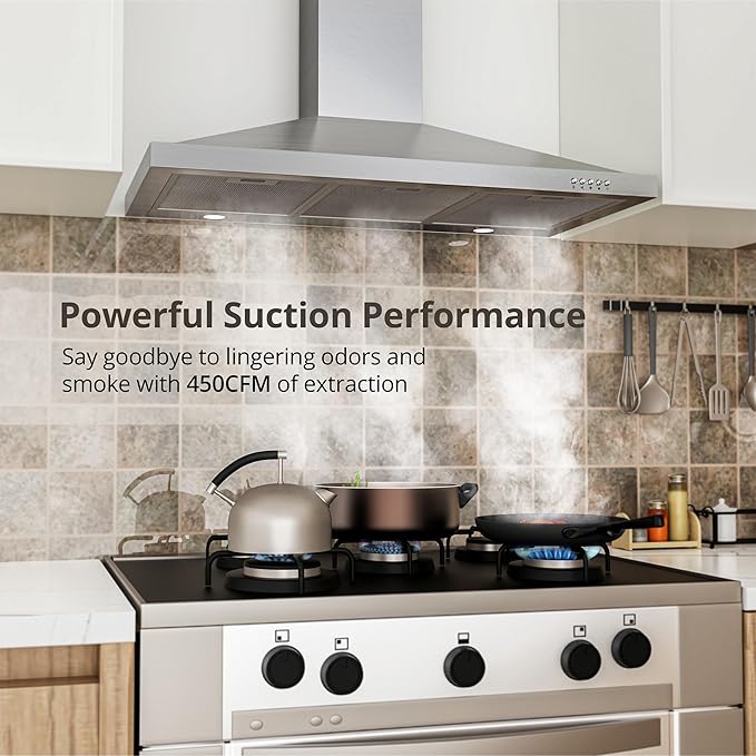 FIREGAS Range Hood 36 inch with Ducted/Ductless Convertible, 450 CFM Stainless Steel Wall Mount Chimney-Style Kitchen Hood, Over Stove Vent Hood with 3 Speed Fan, Charcoal Filters