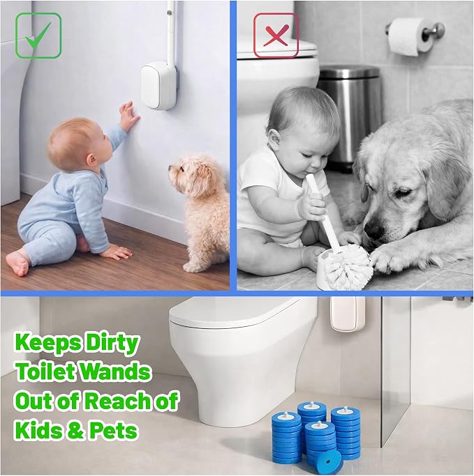 CiLoN 30 Pads Auto Lid Opener Disposable Toilet Bowl Brush & Holder System | Wall-Mounted Disposable Toilet Cleaning Set For Touch Free Space-Saving Hygienic Modern Bathrooms (Ocean Breeze + 30 Sponge)