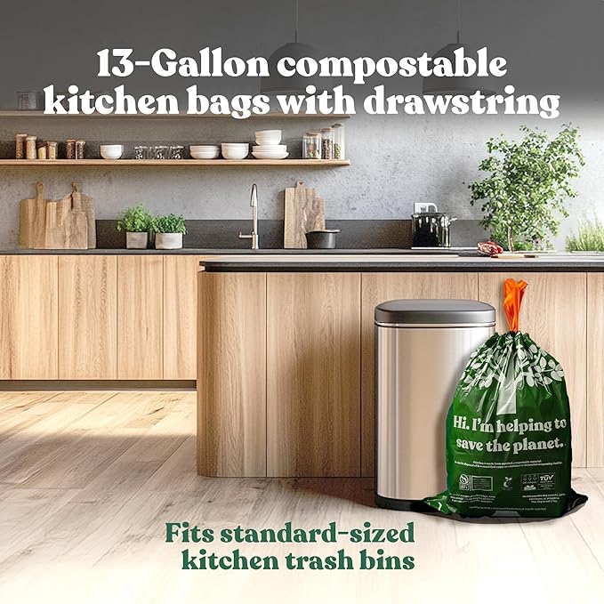 Healthy Earth 13 Gallon Compostable Drawstring Trash Bags, 1.13 Mil Extra Thick Tall Kitchen Liners (49.2 L), Heavy Duty Leak-Proof Food Scrap Bags, BPI & TÜV OK Compost Certified, 30 Count