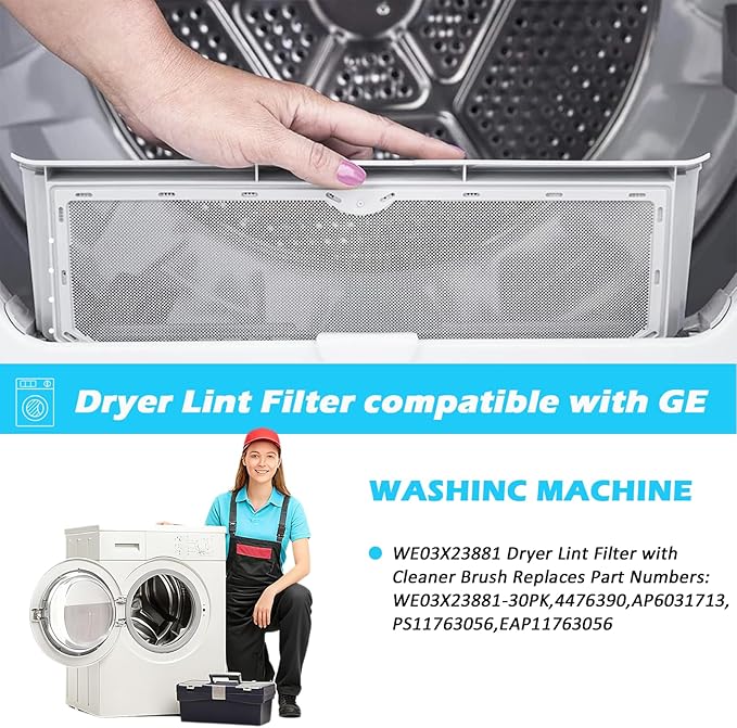 4 Pcs Dryer Lint Filter Replacement Kit for GE WE03X23881 - Includes Cleaner Brush & Flexible Hose - Stainless Steel Lint Screen for Dryer GTD42EASJ2WW, GTD33EASK0WW, GTD65EBSJ3WS