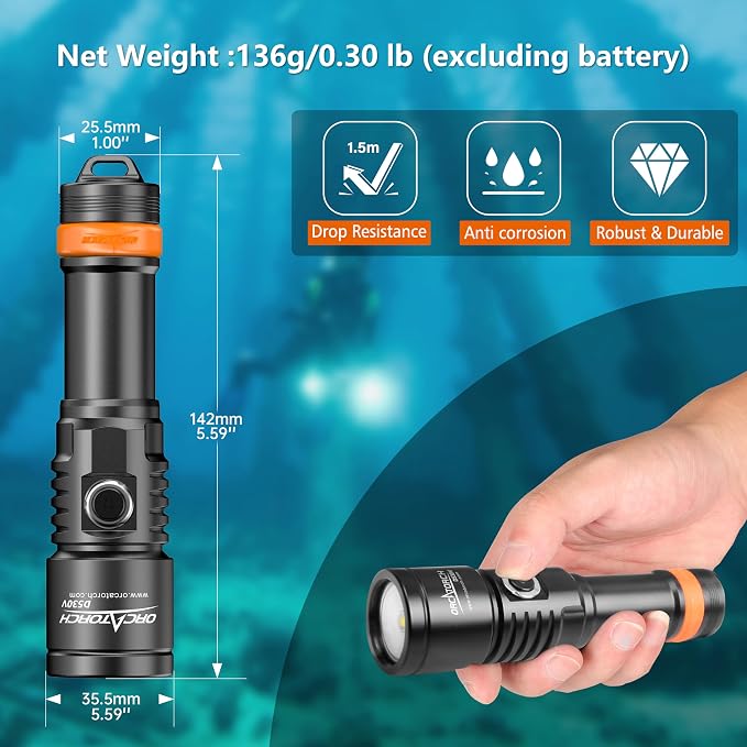 ORCATORCH D530V 1200 Lumens Underwater Video Light, 120° Super Wide Beam Dive Flashlight, 2 Modes with ZJ18 Ball Joint, IP68 Waterproof (150m) for Scuba Diving Photography/Videography