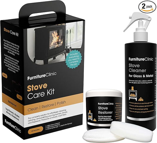 Furniture Clinic Stove Care Kit – Clean & Restore Log Burners, Grates, & Fireplaces | Removes Soot & Dirt | One Bottle Glass & Metal Cleaner + Stove Polish | 500ml / 17 Fl Oz Each Bottle
