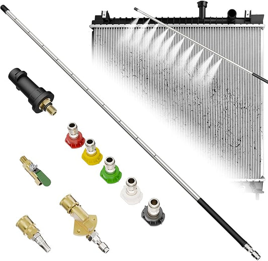 24" Radiator Cleaning Wand, 10-Hole Fan Spray Nozzle with 5 Tips, 304 Stainless Steel Round Tube, 4500 PSI High Pressure Washer Tool for Car Truck SUV AC Condenser
