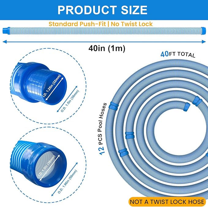 Poolvio Pool Vacuum Hose 40 Feet (12 x 40 Inch), 1.5 Inch Cuffs, Compatible with Most Inground Pool Automatic Cleaners, Blue