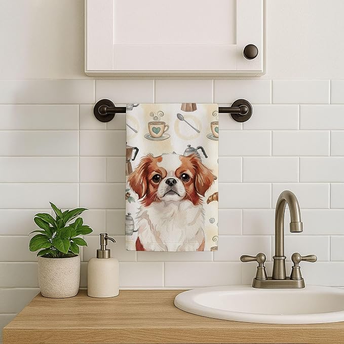 Caroline's Treasures Red and White Japanese Chin Coffee Bar Kitchen Towel Velour Plush Front and Cotton Loop Back Machine Washable