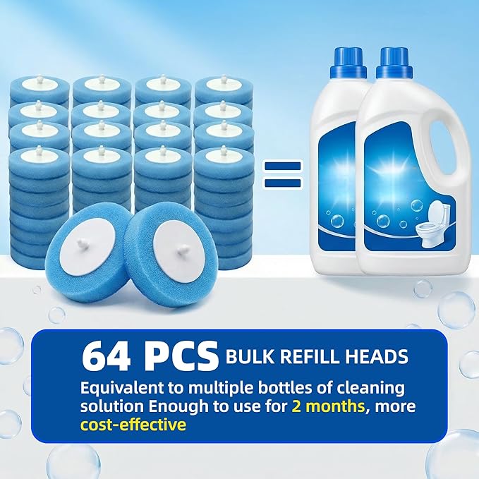 64 Count Value Pack: Disposable Toilet Brush Heads with Pre-Loaded Cleaner | KZKR Toilet Bowl Wand Refills for Bathroom Cleaning | Bulk Economy Pack