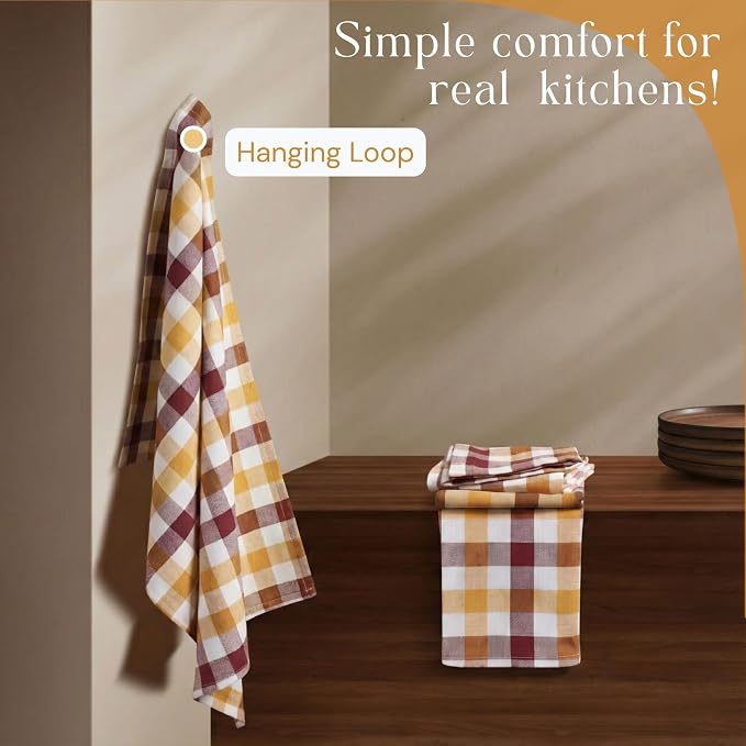 Multicolor Check Kitchen Towels 12 Pack, 100% Cotton Tea Towels, 18"x26" Quick Dry Dish Cloths for Drying Dishes, Reusable, Absorbent - Burgundy Wine, Brown, Mustard Yellow, Natural