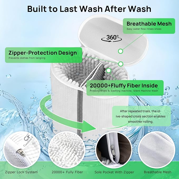 Upgraded Dual Compartment Design Shoe Bag for Washing Machine with Adjustable Shoes Trees& Sneaker Dryer Bag, 420g Heavy-Duty Shoe Washing Machine Bag, Clasp-Lock Zipper for Maximum Protection