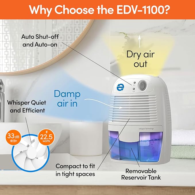 Eva-Dry EDV-1100 Whisper-quiet 16 OZ Dehumidifier with Auto Shut Off and Restart for small spaces in your Home, RV, Automobile, and Storage up to 122 sq. ft