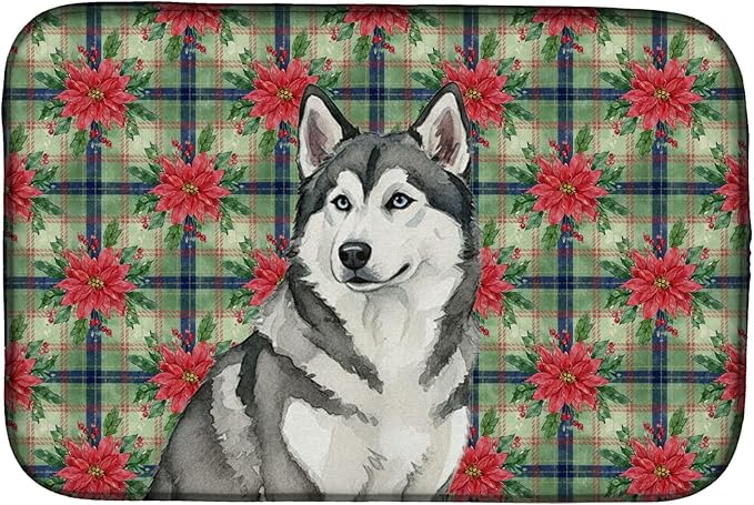 Caroline's Treasures Gray and White Alaskan Malamute Christmas PoinsettIas Dish Drying Mat Absorbent Dish Drying Mat Pad for Kitchen Counter Dish Drainer Mat for Countertop, 14 x 21", Multicolor