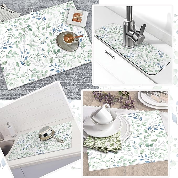 3Pcs Watercolor Floral and Leaves Dish Drying Mat & Kitchen Sink Splash Guard Faucet Mat For Kitchen Counter Absorbent Microfiber Dishes Pad Dish Drainer Rack Mats Fast Dry Kitchen Accessories