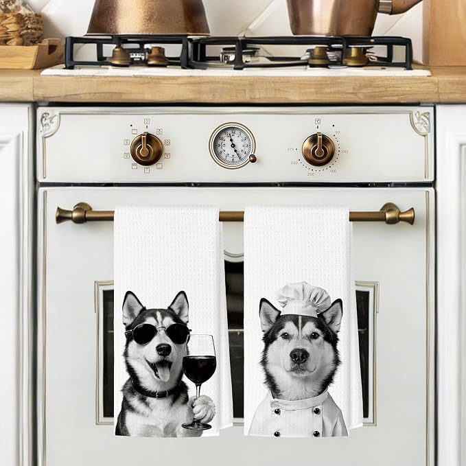 Funny Husky Kitchen Towels Set of 2, Dog Kitchen Bar Accessories, Dog Chef Gifts for Women Decorative Hand Towels for Kitchen Decor, Husky Lovers Dish Tea Towel, 16x24 Inch
