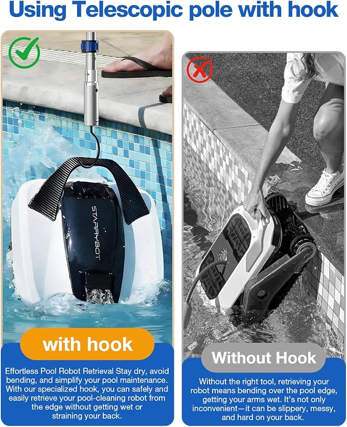 Pool Hook with Pole, 16FT Pool Pole Telescopic with Stainless Steel Hook, Retrieval Hooks for All Robotic Pools Cleaner, Robot Hooks for Heavy Duty Telescoping Poles, Above Ground and Underwater