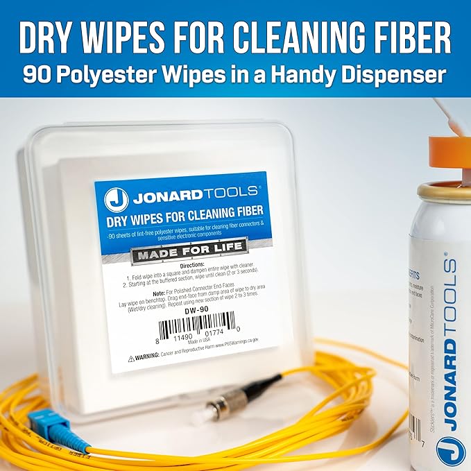 Jonard Tools DW-90 Pack of 90 Dry Wipes for Cleaning Bare Fiber, Connector End-Faces, and Electronic Components