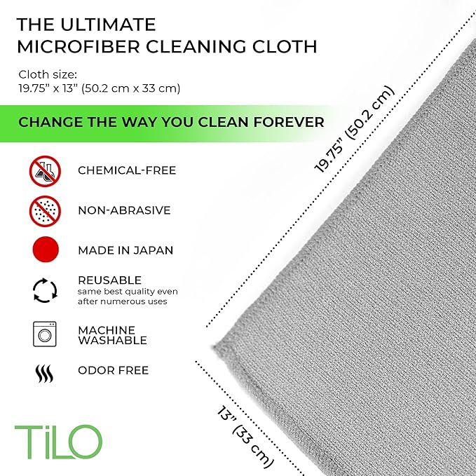 TILO Microfiber Cleaning Cloth – 19x13 Inch Ultra-Absorbent, Streak-Free, Lint-Free, Reusable Polishing Cloth for Dust, Grease, Dirt, and Delicate Surfaces – Non-Abrasive – Grey