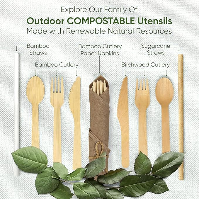 EcoPreps Premium Pre Rolled Brown Paper Napkin and Bamboo Cutlery Set (50 Pack, 200 PCS) 100% Biodegradable, Disposable Wrapped Disposable Silverware Cutlery - Pre-Wrapped Bamboo Forks, Knives, Spoons