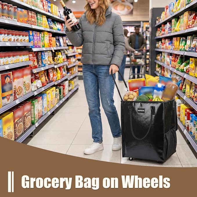 Reusable Grocery Bag on Wheels, Portable Tote Bag Shopping Bag with Wheels, Rolling Tote Bag Collapsible with Wheels for Groceries, Organization or Moving, Heavy Duty Utility Tote Bag
