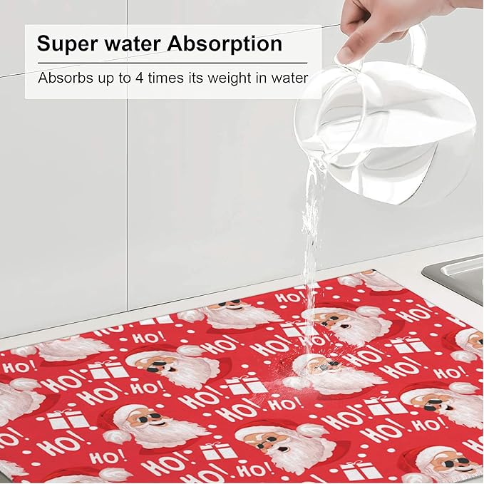 3Pcs Funny Christmas Santa Claus Face Dish Drying Mat & Kitchen Sink Splash Guard Faucet Mat For Kitchen Counter Absorbent Microfiber Dishes Pad Dish Drainer Rack Mats Fast Dry Kitchen Accessories