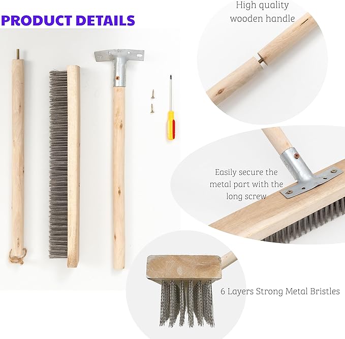 Stainless Steel Deck Scrub Brush Broom with Long Handle -Scrubber Brush with Pole, Stiff Metal Bristle Brush for Removing Weed Moss Outdoor Floor Scrub Brush for Patio, Deck, Garden