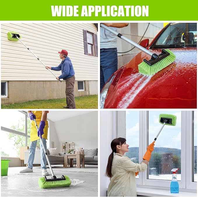 2 Pack 58 Inch Extendable Car Wash Brushes, Soft Bristled Scratch Free Cleaning System with Long Handle, Universal Cleaning Tool Set for Vehicles Home Windows Tires Snow Removal (Green)