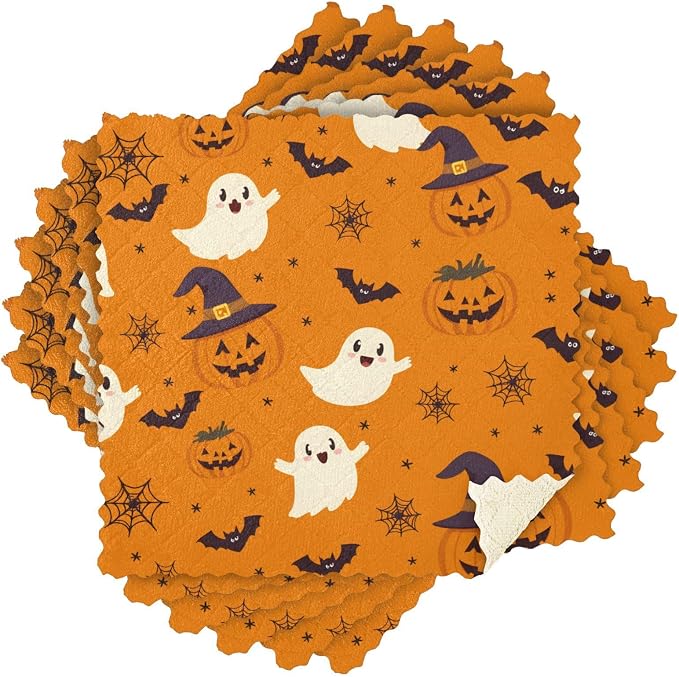 ALAZA Kitchen Towels Halloween Ghost Pumpkin Pattern Dish Towels Multipurpose Reusable Dish Cloths Soft Cleaning Cloth Kitchen Accessories Set of 6,11"x11"