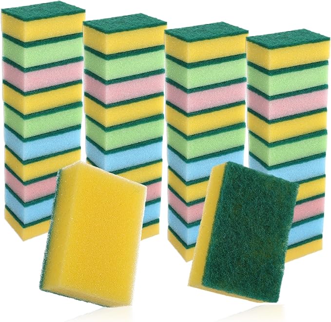 100 Pcs Heavy Duty Cleaning Scrub Sponges for Kitchen Abrasive Scrubber Sponge Bulk One Scouring Scrubbing One Absorbent Dish for Washing Dishes Kitchen, Assorted Colors