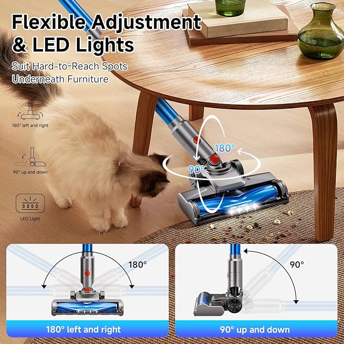 Cordless Vacuum Cleaner, Powerful Stick Vacuum Cleaner for Home with Rechargeable Battery, 6-in-1 Lightweight Handheld Vacuum, 45 Mins Runtime for Hardfloor & Carpets Pet Hair (Blue)