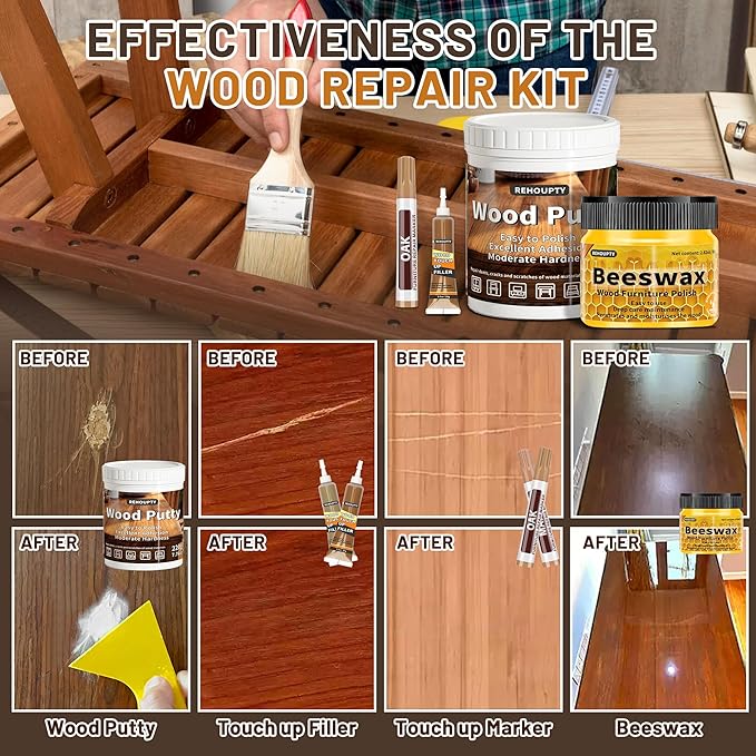 Wood Furniture Repair Kit, All-in-One Laminate Floor Repair Kit - Wood Putty, 12 Colors Wood Filler & 8 Colors Furniture Markers and Beeswax, Wood Repair for Scratch Cracks Hole Discoloration