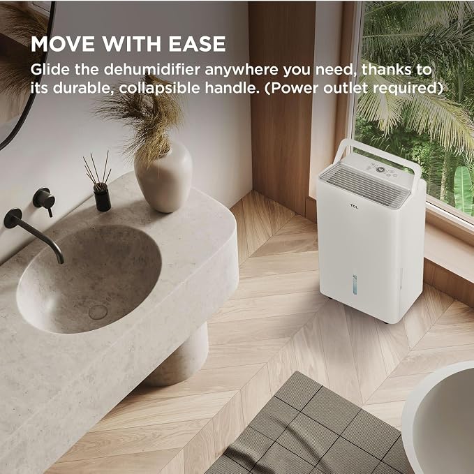 TCL 32-Pint Capacity Quiet, Energy Efficient Portable Dehumidifier, Precise Humidity Control, Bucket or Continuous Drain, Compact Humidity Absorber for Home, Attic, Garage & Rooms up to 3000 Sq Ft